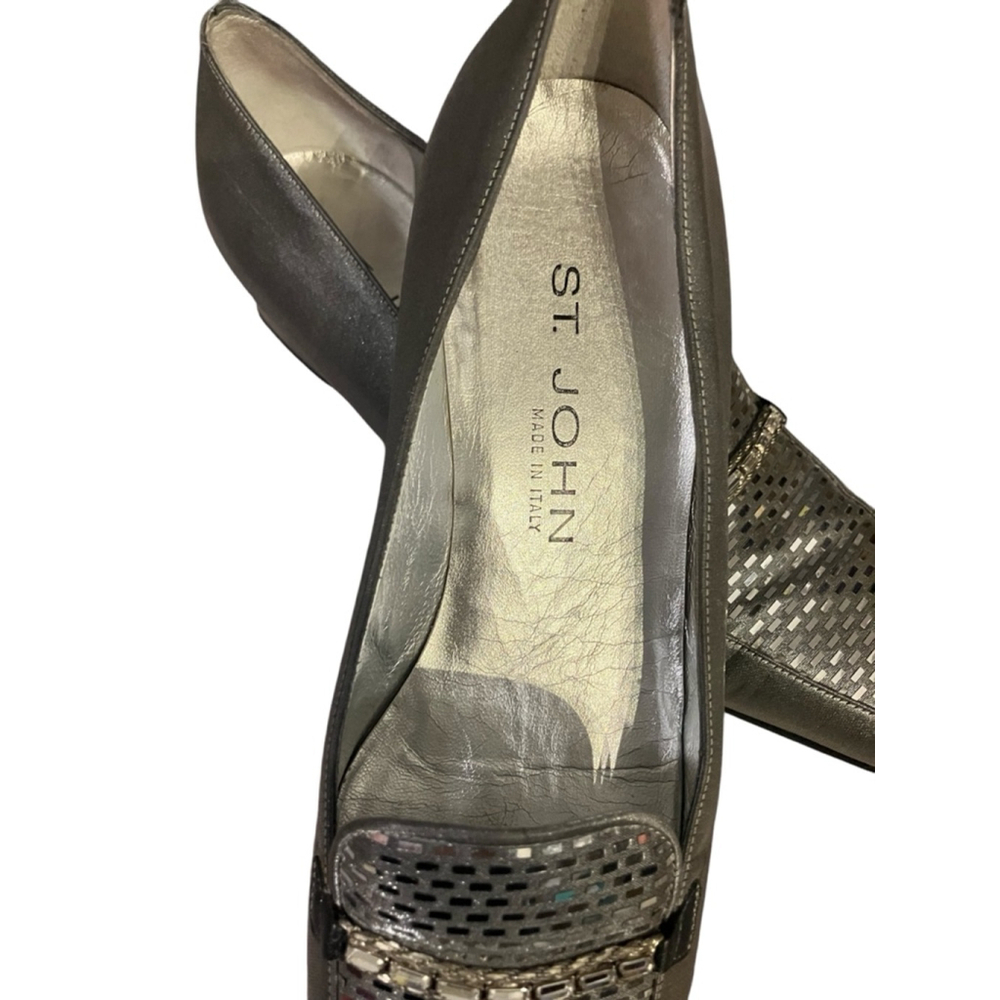St. John Silver Metallic Square Toe Loafers Size 9M Block Heel Designer Shoes - Picture 4 of 11
